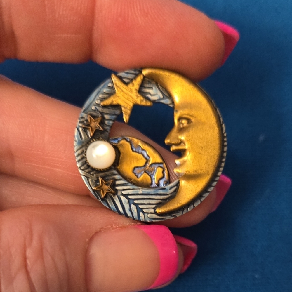 Celestial Moon and Stars Gold and Bronze Brooch w/ Pearl